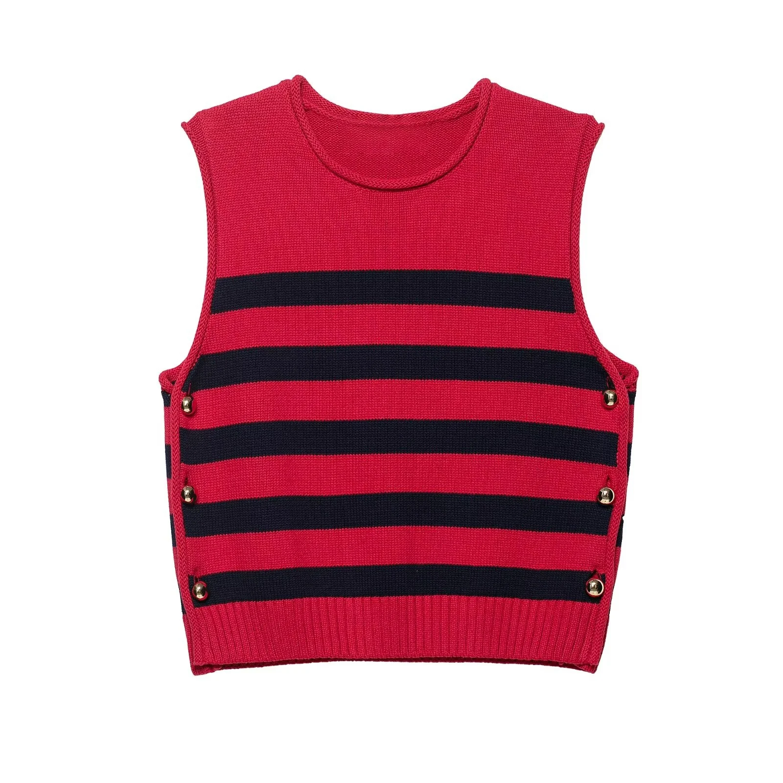 

PB&ZA2025 women's autumn new style side button decoration casual fashion all-match round neck striped knitted vest top