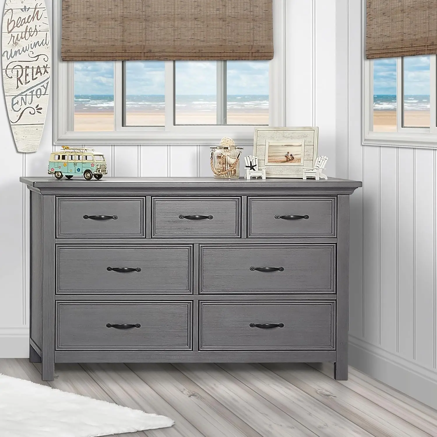 Evolur Belmar Double Dresser In Rustic Grey, Comes Assembled, Included Anti-Tip Kit, Seven Spacious Drawers, Dresser For