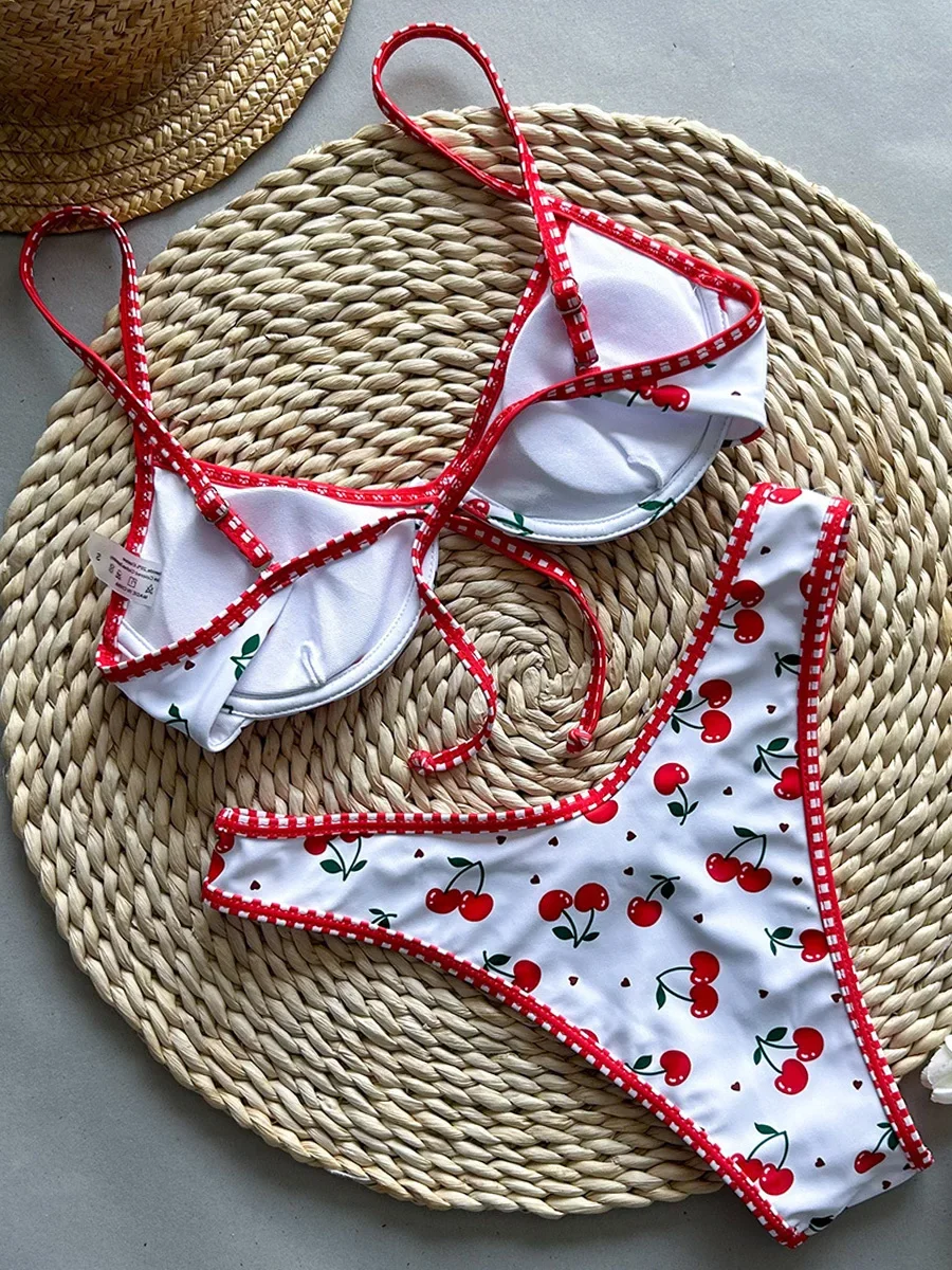 Bikini brasileño con aros y estampado de cereza, traje de baño para mujer, traje de baño femenino, conjunto de Bikini de dos piezas, bañador Push Up, traje de baño para nadar