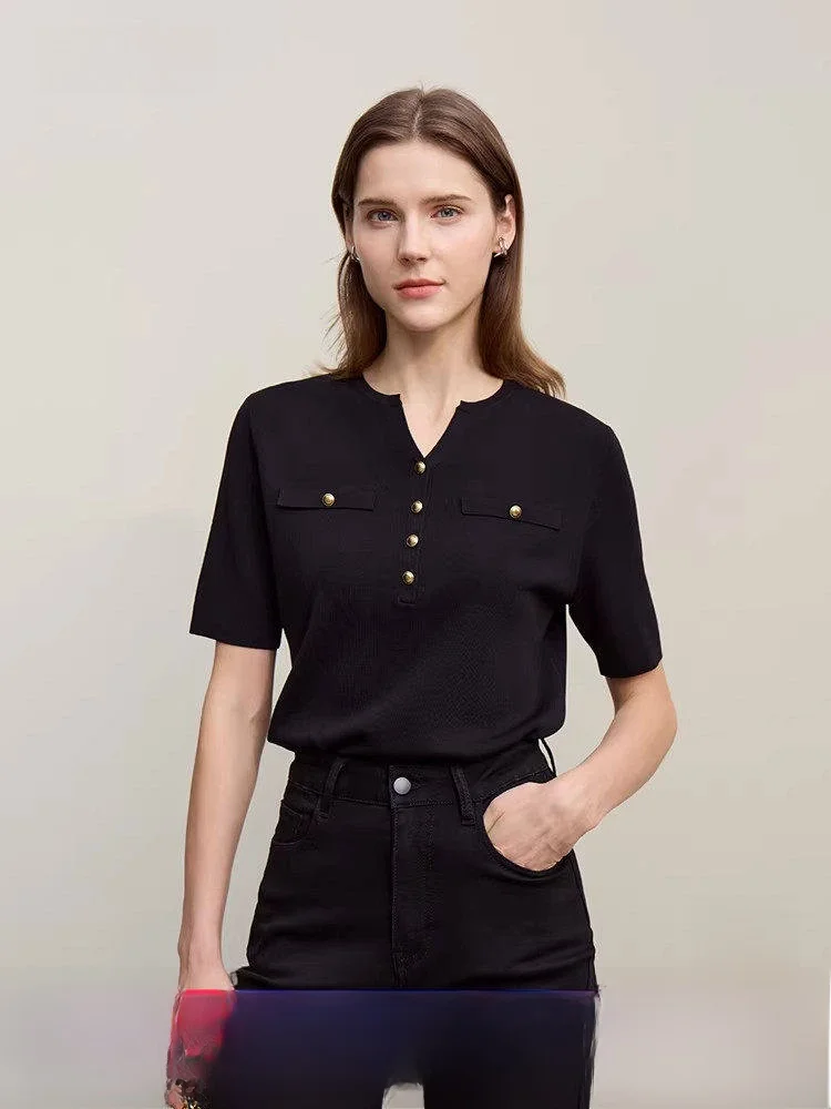 

Ele ort Sve Knitted Sweater Women's Ice Silk Yarn Four Flat Needle Method Spring New Sle Comfortable Casual Top