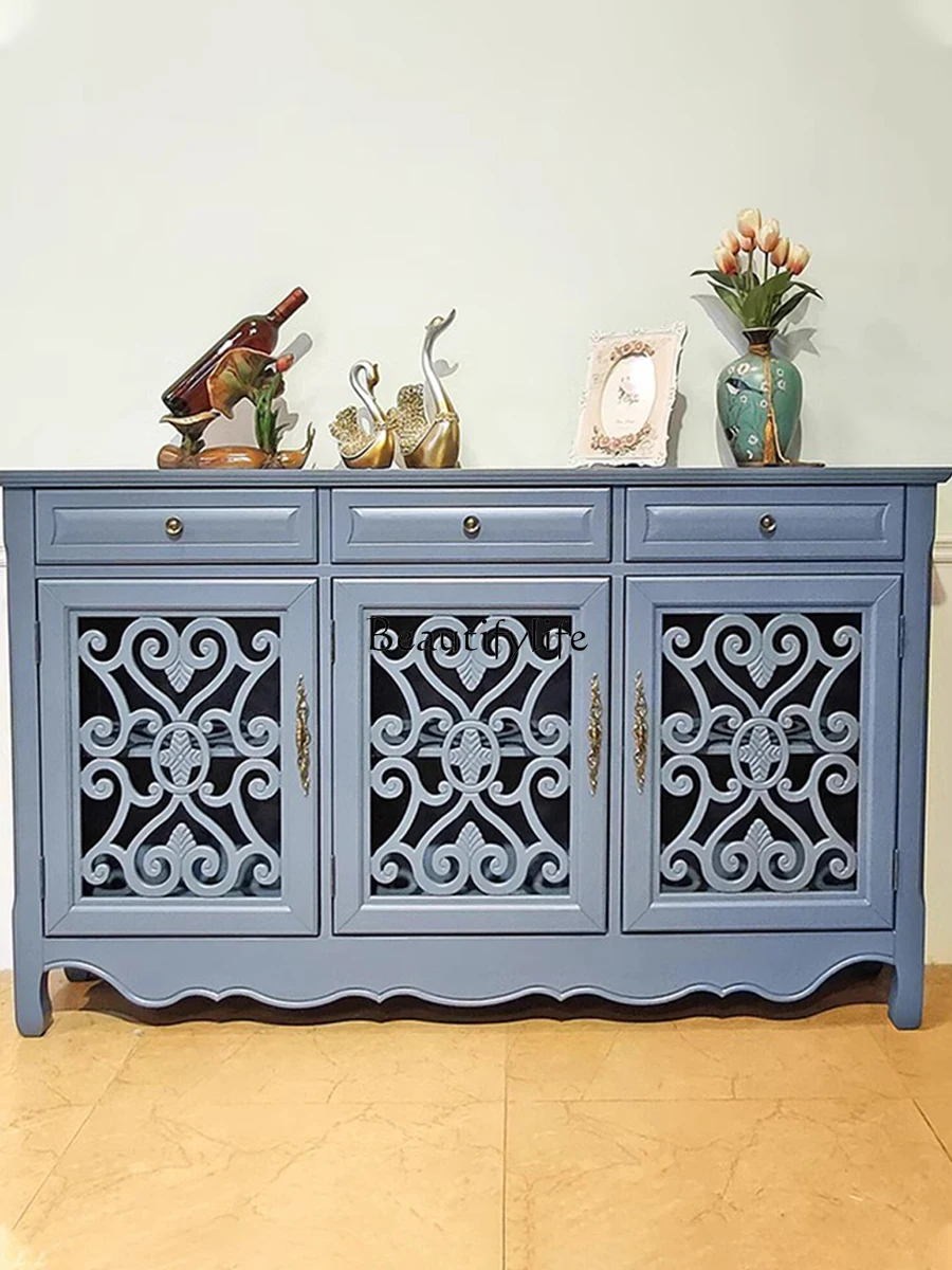 

American Style Solid Wood Dining Side Locker Mediterranean Style Blue European Style Entrance Cabinet