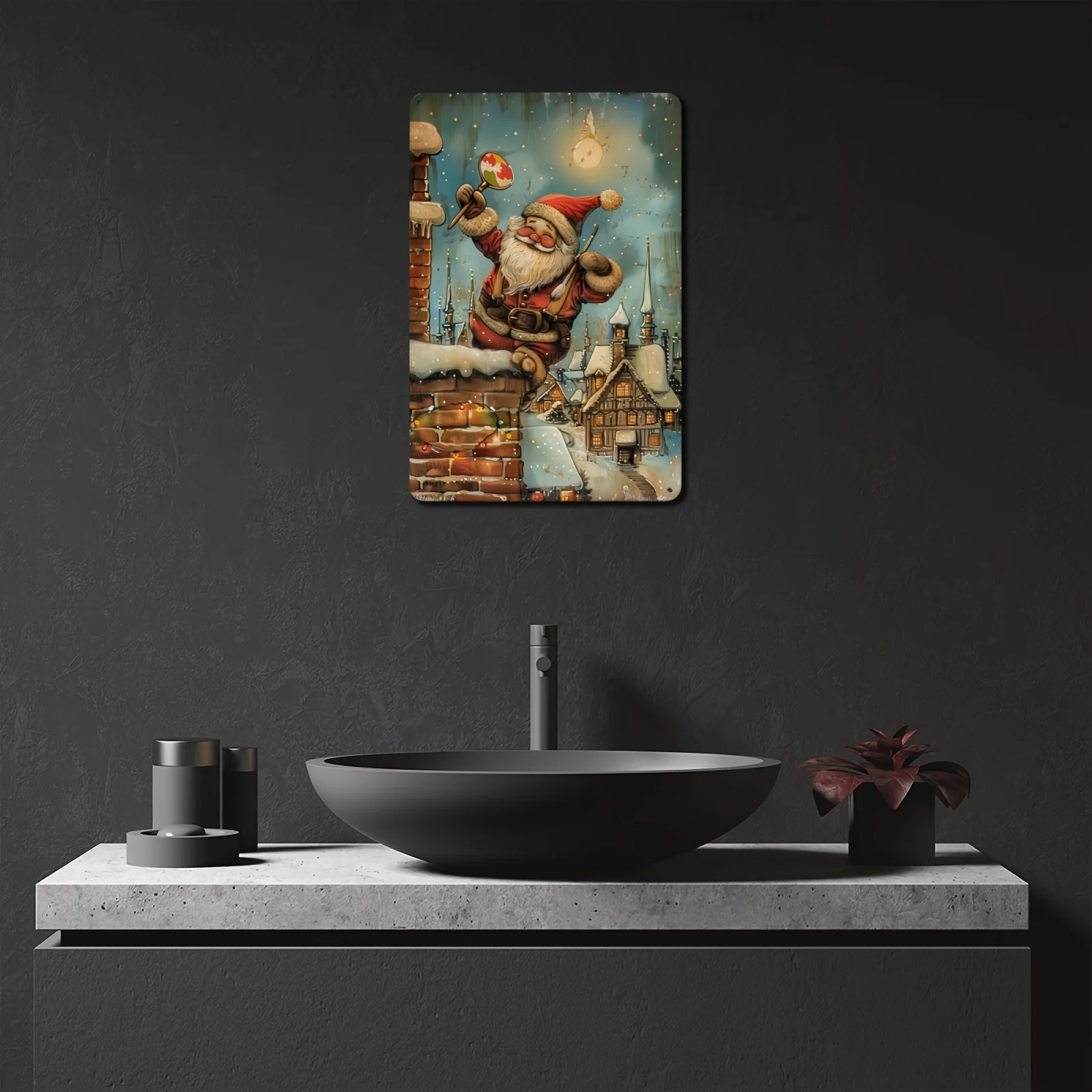 قطعة واحدة من لافتة القصدير العتيقة سانتا كلوز - 20.32 × 30.48 سم |   ديكور حائط ساحر للعطلات مع مشهد القرية الثلجية |   مثالية لغرفة المعيشة،