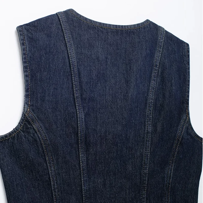 TRAF Waistcoat Women Sleeveless Denim Vest Woman Outerwears Summer Slim Navy Blue Vest Casual Button Cropped Vests For Women