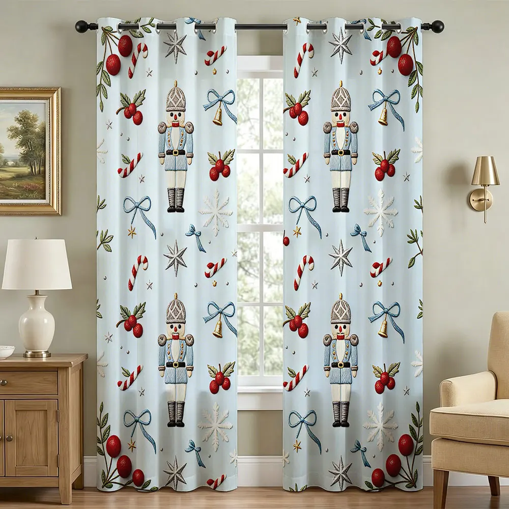 2pcs Christmas Nutcracker Print Blackout Curtains Perforated Double Sided For Living Room Bedroom Privacy Protection Stylish