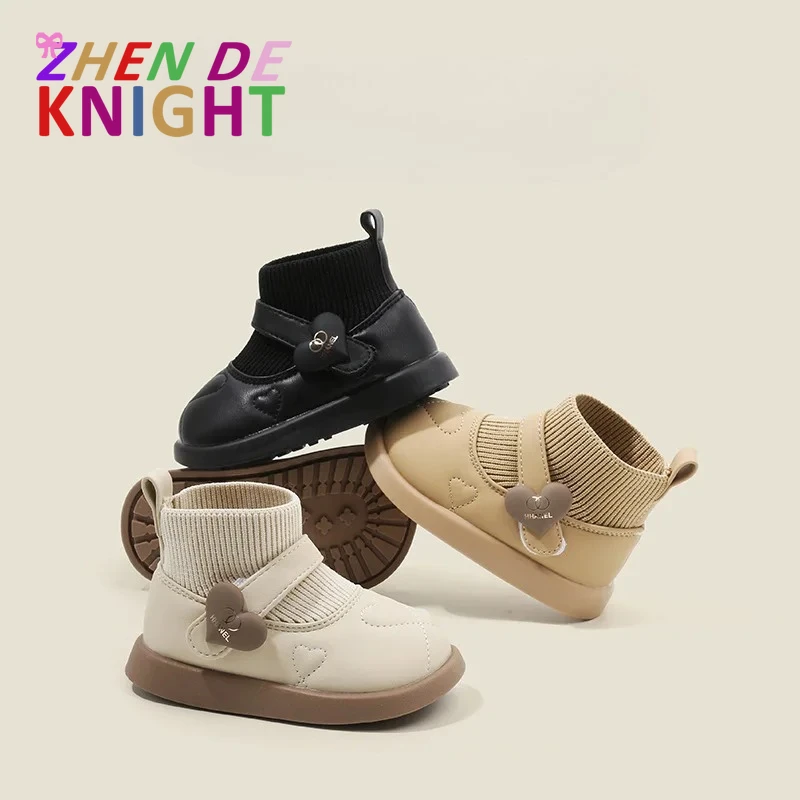 

Autumn Winter Baby First Walkers Fleece Lined Flat Leather Sock Shoes Warm Shoes for Toddler Girls