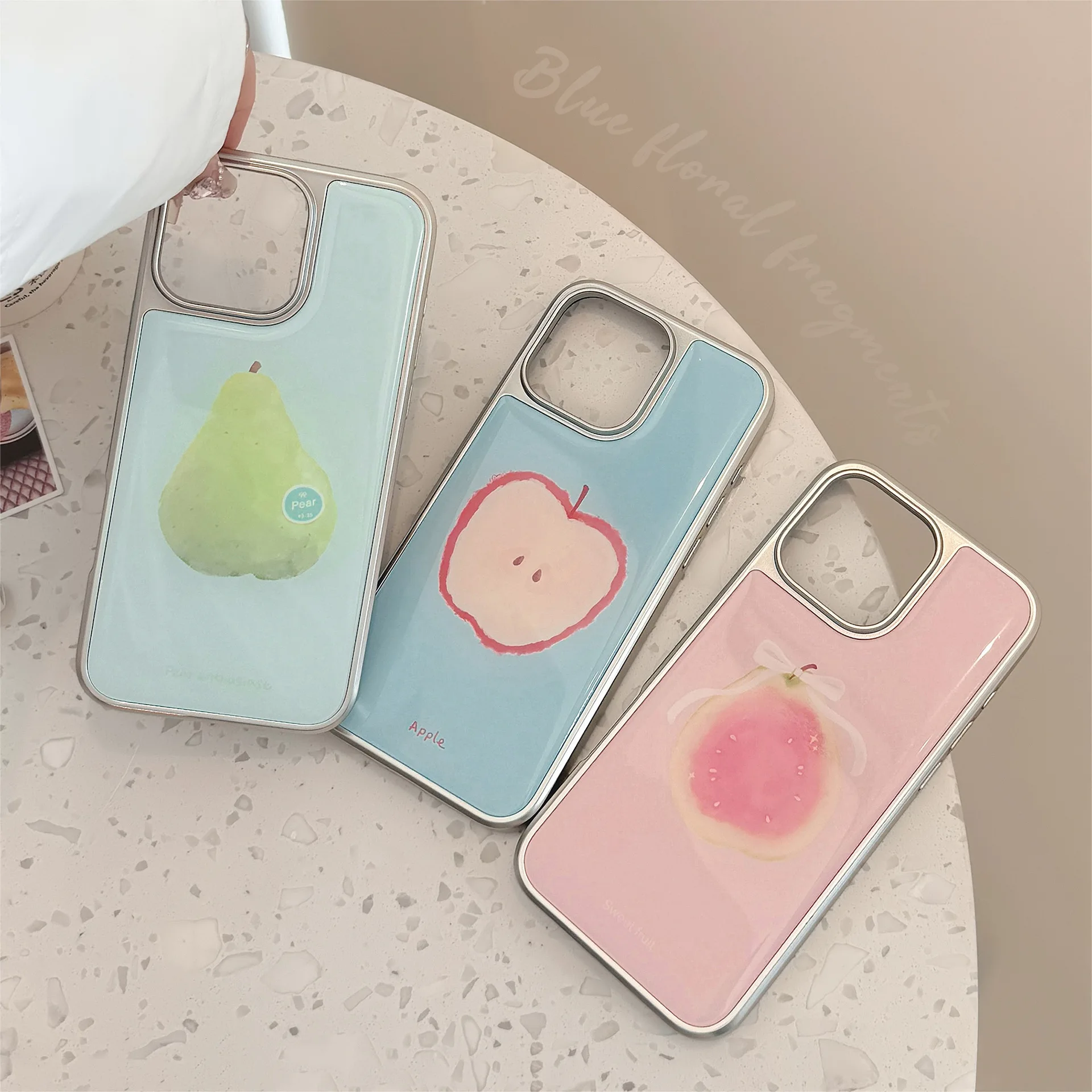 Funda de teléfono con revestimiento de borde plateado, pegamento en forma de gota, fruta coreana, manzana, pera, guayaba, para iPhone 17, 16, 15, 14, 12, 13, Pro Max, a prueba de golpes