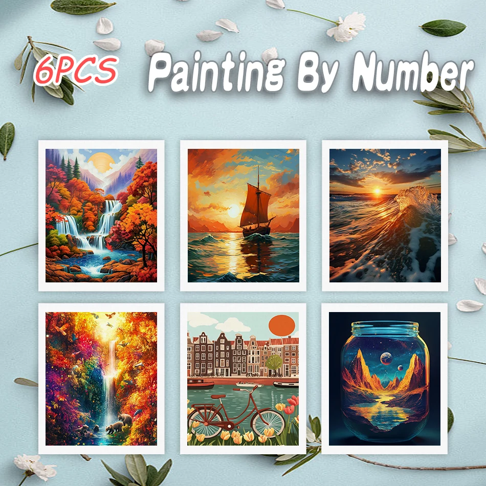 6pcs Painting By Numbers Forest Waterfalls Digital Painting Diy Numbers Painting Painting DIY Craft House Indoor Wall Decoration
