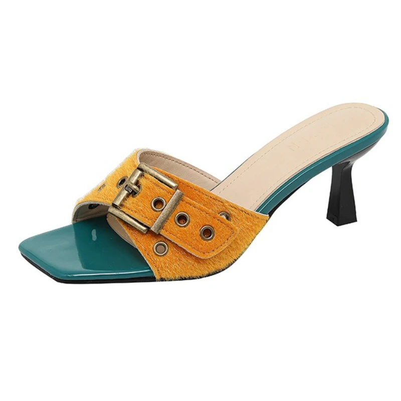 

Высококачественные тапочки на высоком каблуке из искусственного меха, женские модные разноцветные шлепанцы с квадратным носком и пряжкой, удобная брендовая дизайнерская обувь