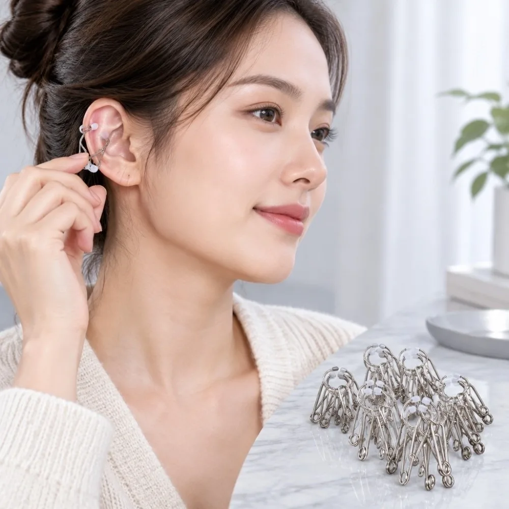 10Pcs Metal Ear Acupressure Clips Silver Tone Loop On Design Ear Reflexology Massage Clips Silicone Tip Reusable