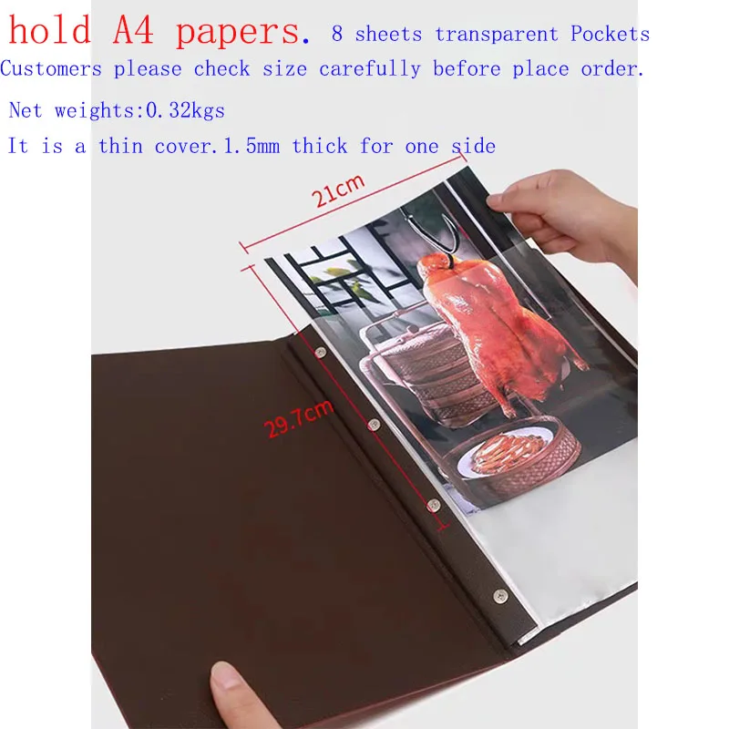 A4 Blank & Menu Logo PU Leather  Display Book With 8 Sheets Clear Pockets,