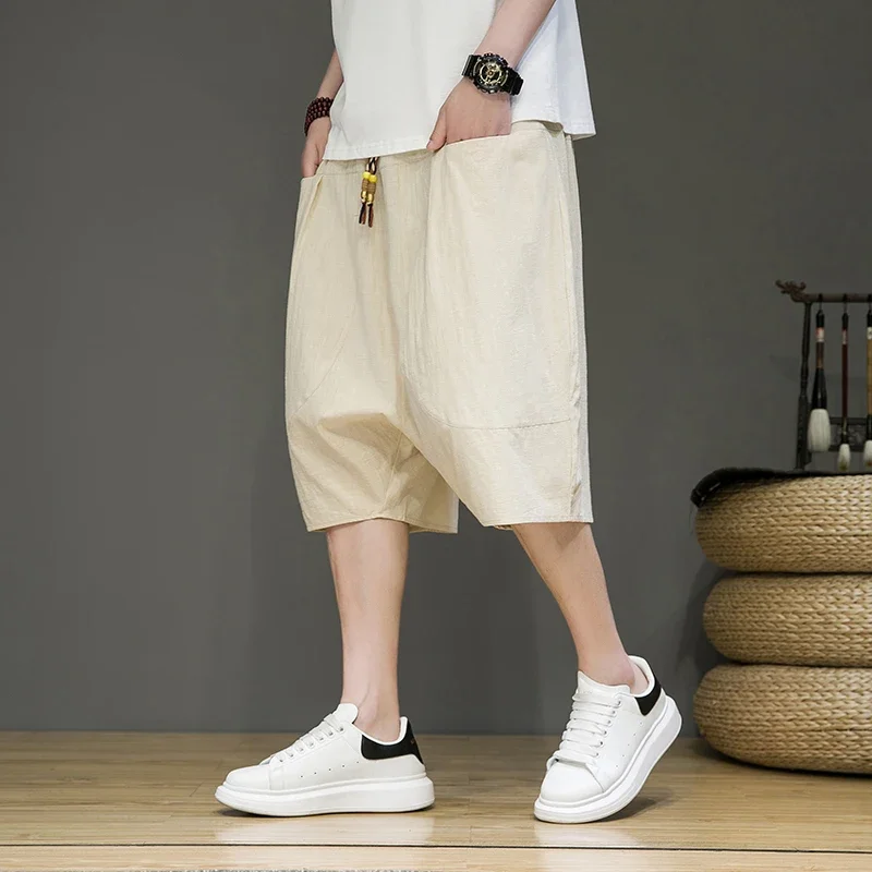 

2025 New Summer Men Harajuku Harem Shorts Retro Chinese Style Cotton Linen Short Joggers Man Solid Loose Large SizeTrousers