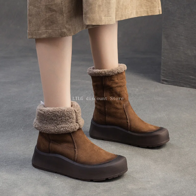 

Genuine Leather Snow Boots Platform Plush Warm Winter Mid-Calf Women Booties Thick Soled Shoes Women's Winter Rollable Boots