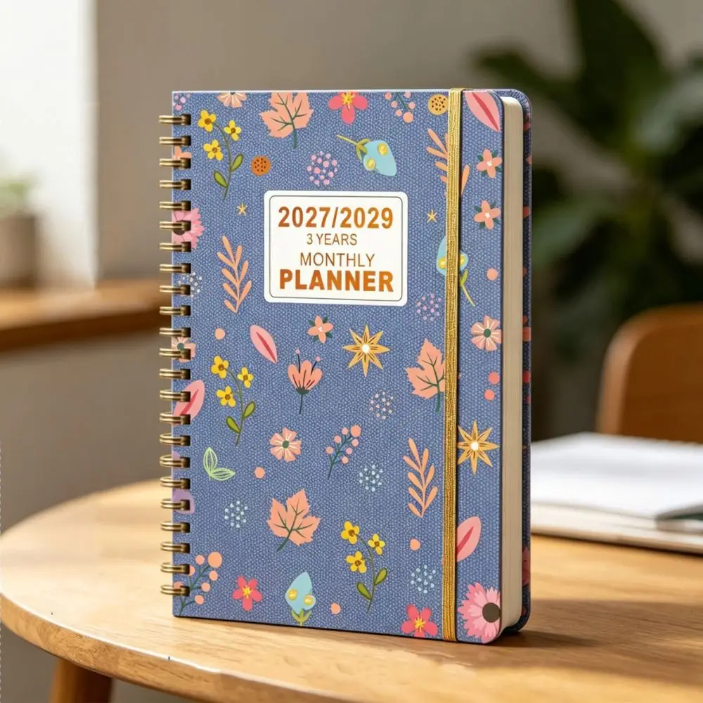 Flower Theme Cover 2027-2029 Monthly Calendar Spiral Bound A5 Annual Calendar Notebook Cat Print Multi-Year Agenda Notepad