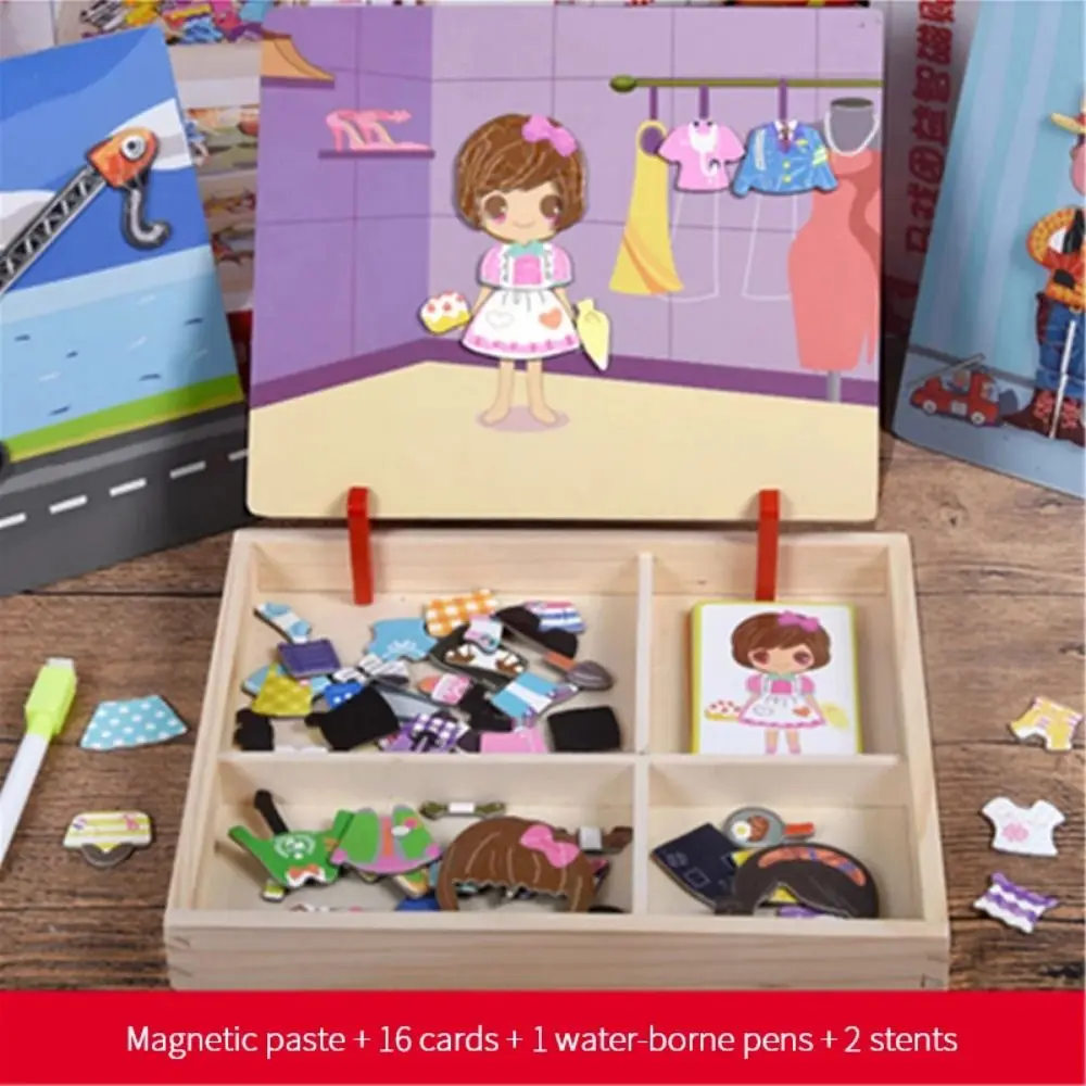 Quebra-cabeças 3d magnéticos de madeira reutilizáveis, desenho educacional, quadro branco com tampa, adesivos magnéticos, brinquedos, jogos montessori