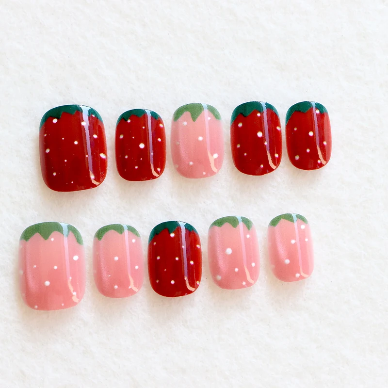 10Pcs Women Fashion Cute Strawberry Polka Dot Short Round  Press on Nails Versatile Fresh Lemon Fake Nail Reusable Nail Stickers view 3