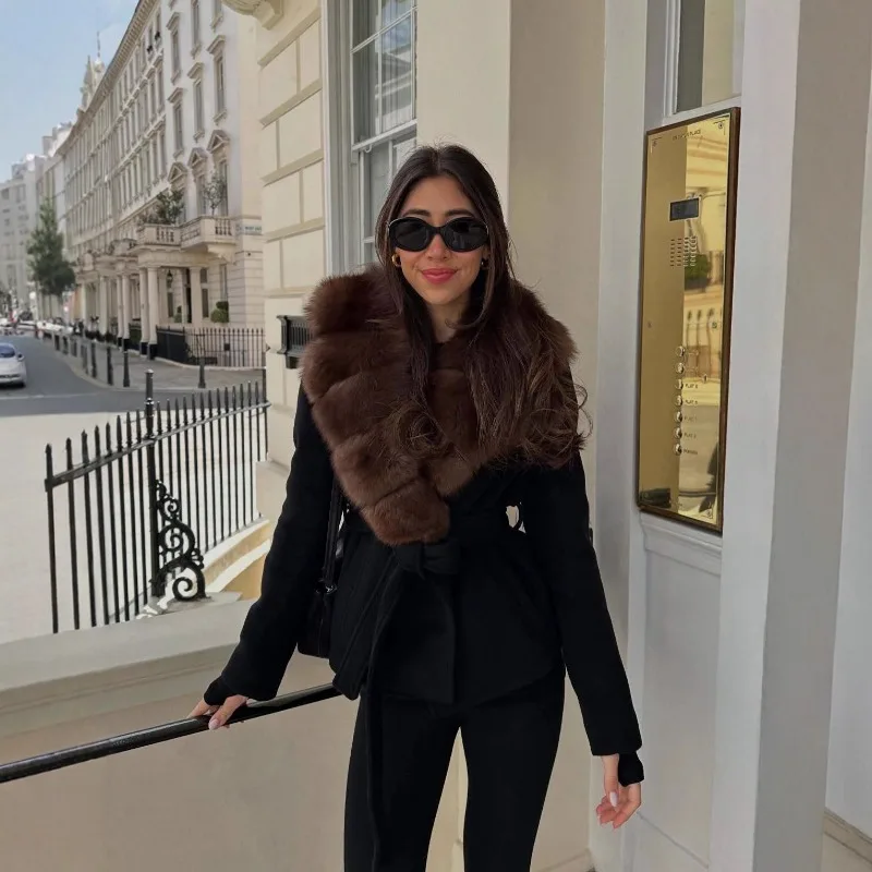 

Элегантное шаль из искусственного меха, женское пальто на шнуровке с длинными рукавами и поясом на талии, шерстяная женская куртка с лацканами, осень-зима 202, женская верхняя одежда