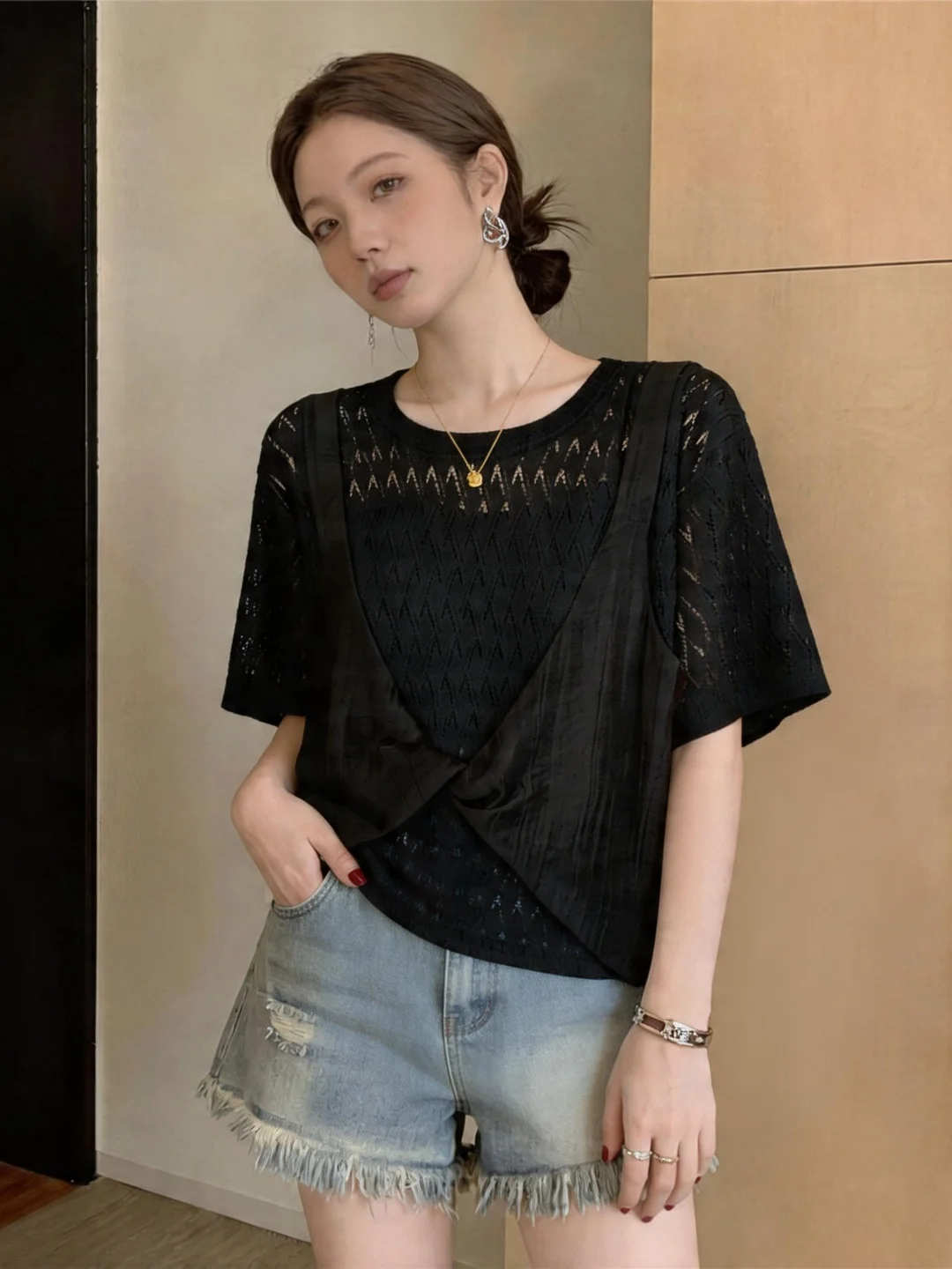 Lace Hollow out Short Sleeve T-Shirt Women Summer Large Size Fat MM Design Sense Twist Top Outer Cover Korean Style Commute