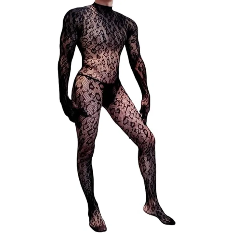 

Rave Outfits For Men Festival Party Clubwear Leopard One Piece Full Lace Jumpsuit Black Lace Sexy Lingerie Costume Bodysuit