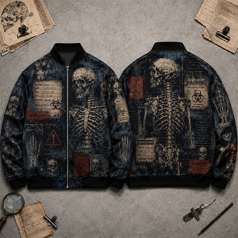 Dark Gothic Vintage 3d Print Skeleton Pattern Jacket Men Zip Stand Collar Coat Top Punk Street Daily Casual Jackets Halloween