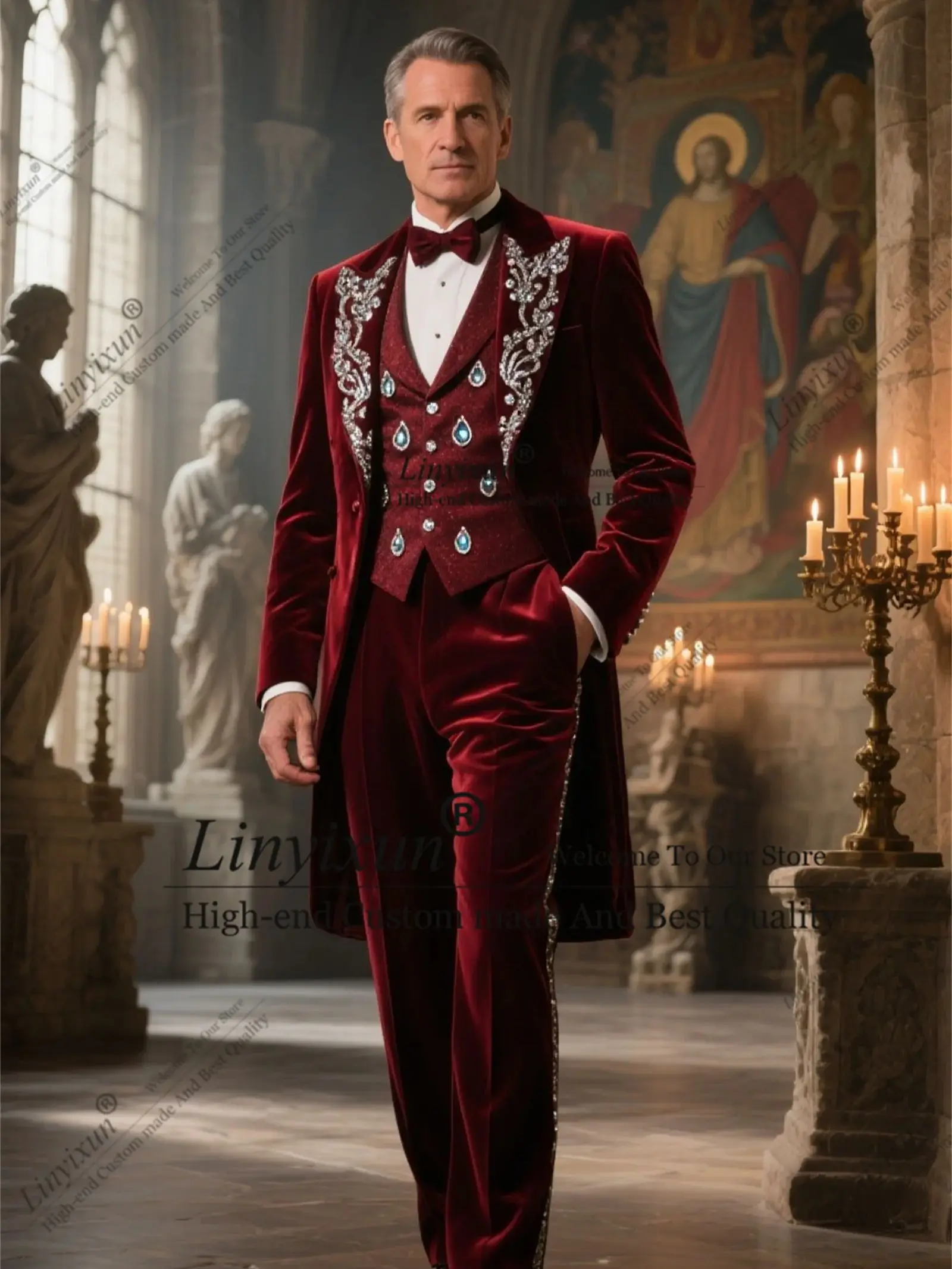 

Elegant Tailcoat Crystals Beaded Embroidery Men Suit Slim Wedding Male Ropa Hombre 3 Piece Customized Groom Groom Party Blazer