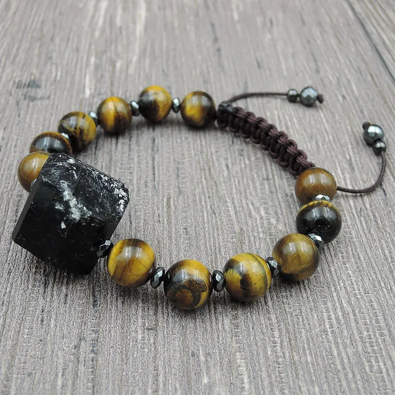 Black Tourmaline Point Tiger Eye Round Beads Bracelet Hand-knitted Centipede Knot