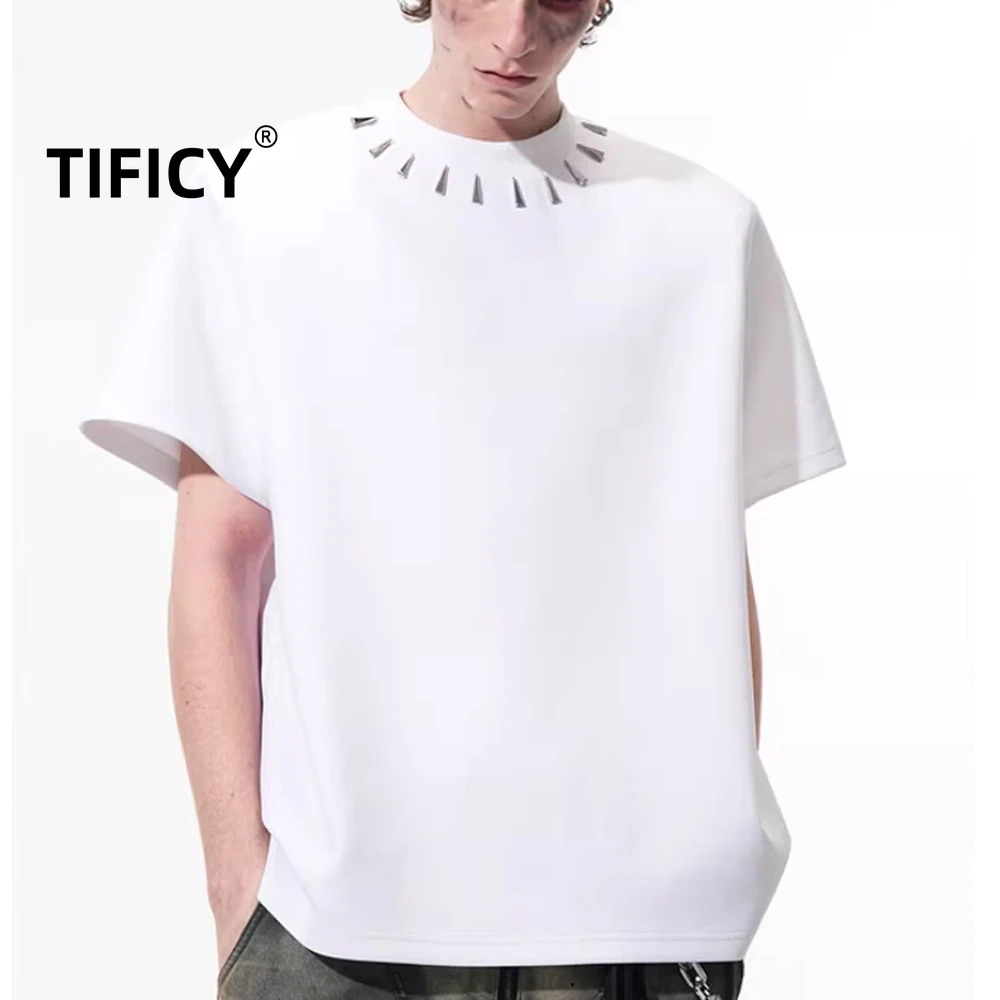 

High Street Tshirt Tops Air Layer Heavyweight Black Short Sleeved Men's Summer New Simple and Versatile Shoulder Pad T-shirt