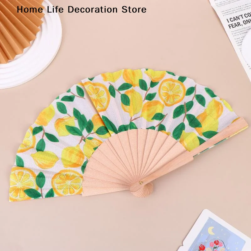 Creative Lemon Print Folding Hand Fan Fruit Pattern Bamboo Handheld Fan For Summer Cooling Dance Performance Wedding Party Decor