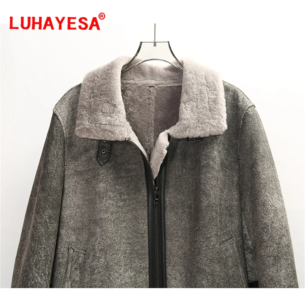 2024 Men Gray Australia Merino Sheepskin Shearling Fur Coat Luhayesa Winter Fashion Genuine Leather Fur Jacket