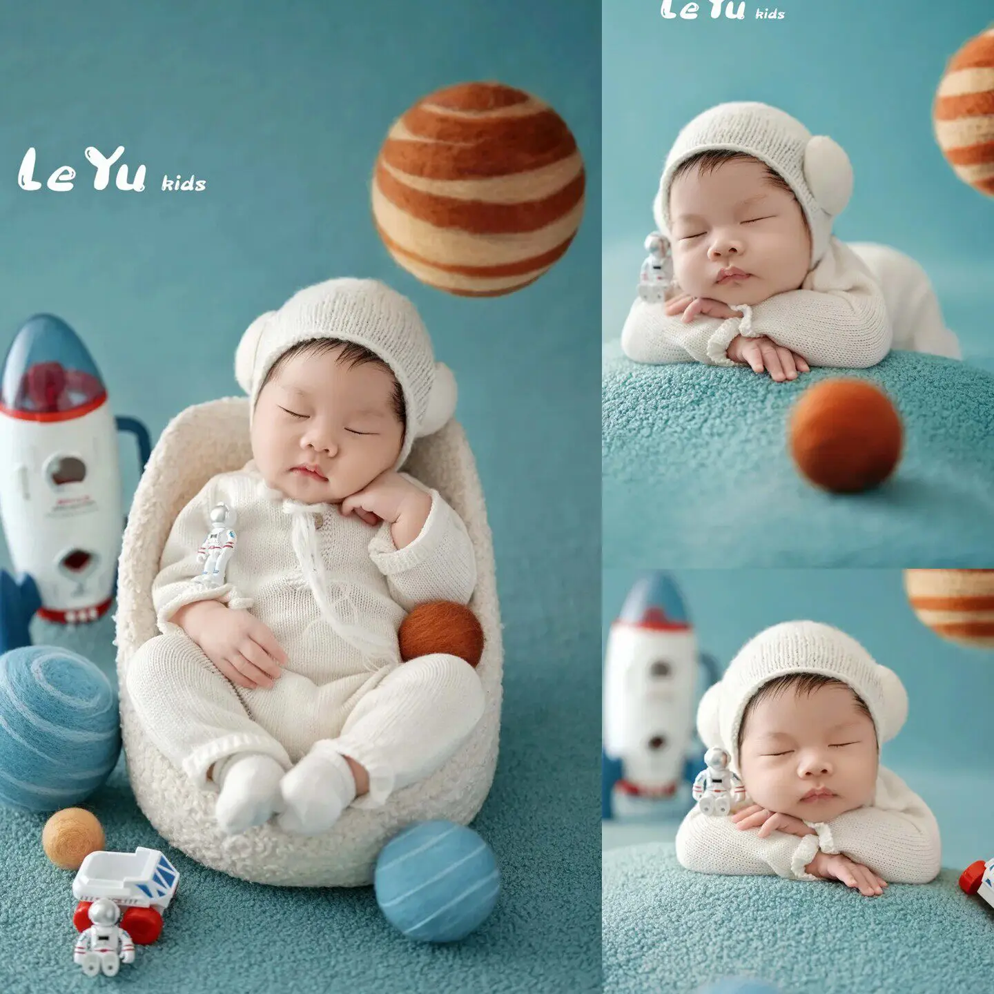 Newborn Photography Props Handmade Knitted Outfit Astronaut Rocket Decors with Backdrop Theme Set for Studio Photoshoot Prop