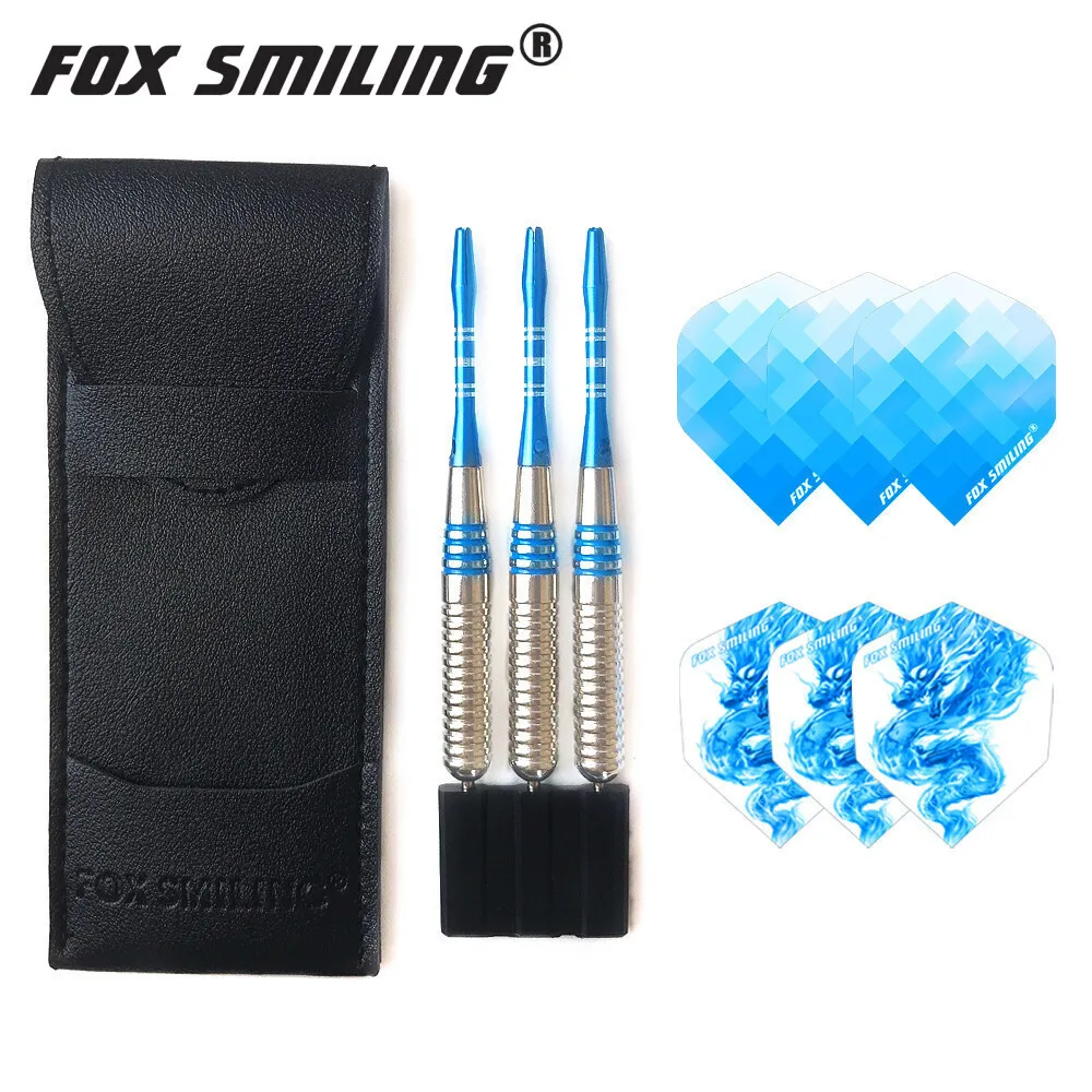 3pcs 24g Fox Smiling Steel Tip Darts With Aluminum Shaft Blue And Pink Professional Dart Pin Leather Bag Packaged