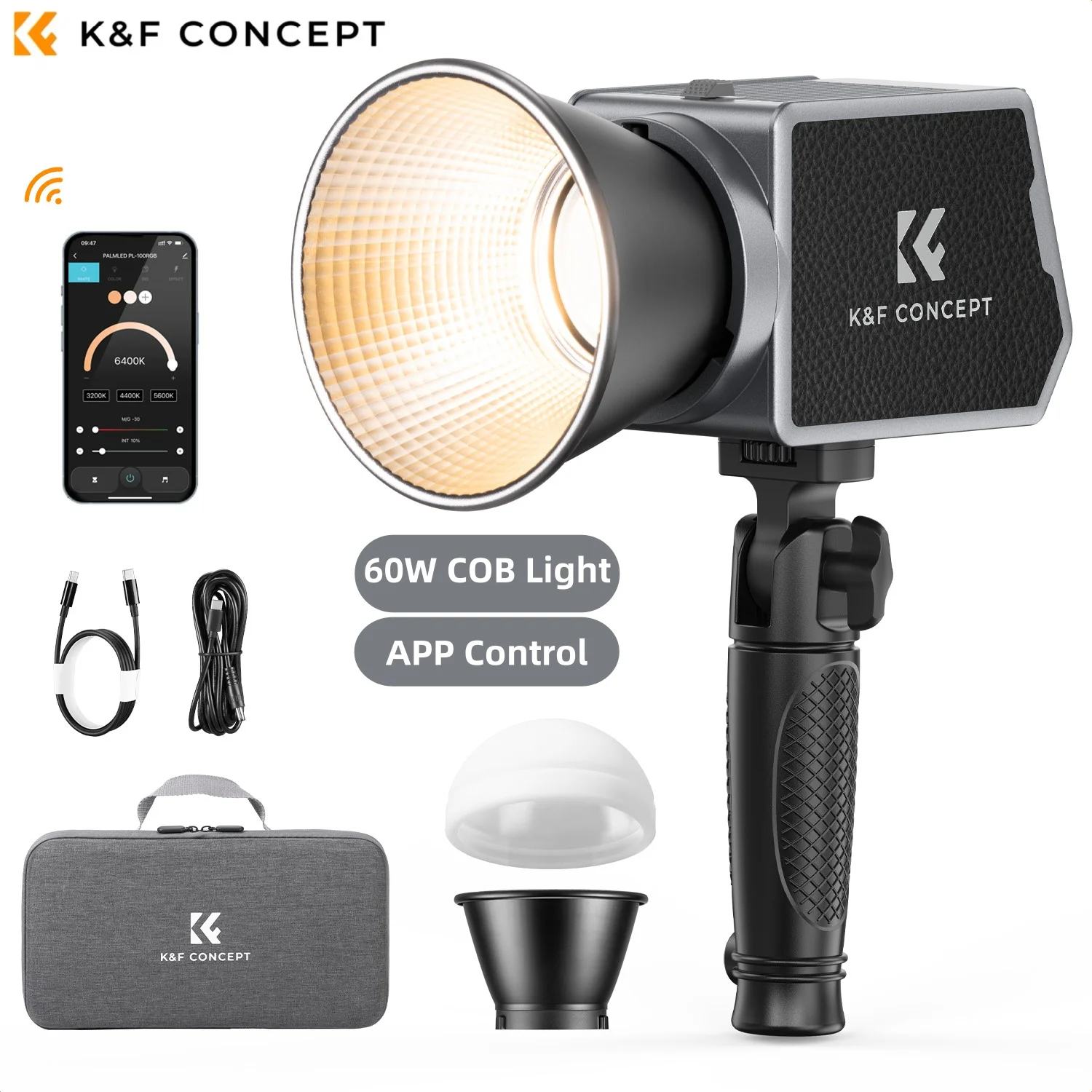 

K&F Concept PL-60B 5600K 60W COB Photography light with 4500mAh Battery and Type-C PD Fast Charging12 Light Effects Video Light