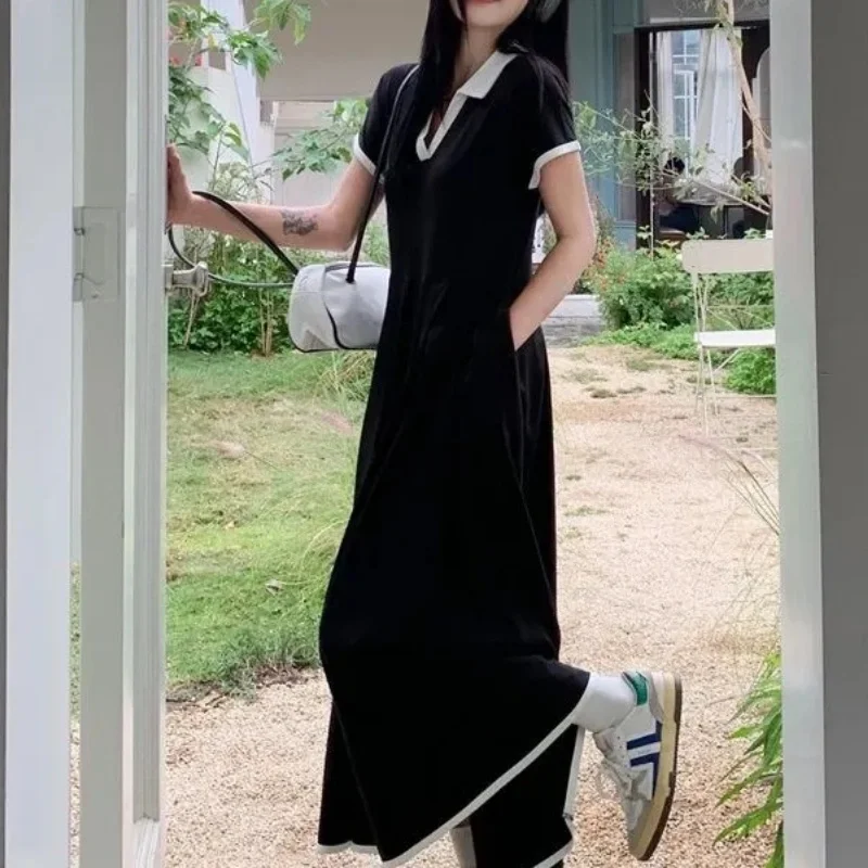 Casual Matching Dress Vintage Hepburn Dress Plus Size Office Lady's Elegant Black Dress Short Sleeve Loose Pleated Midi Dress