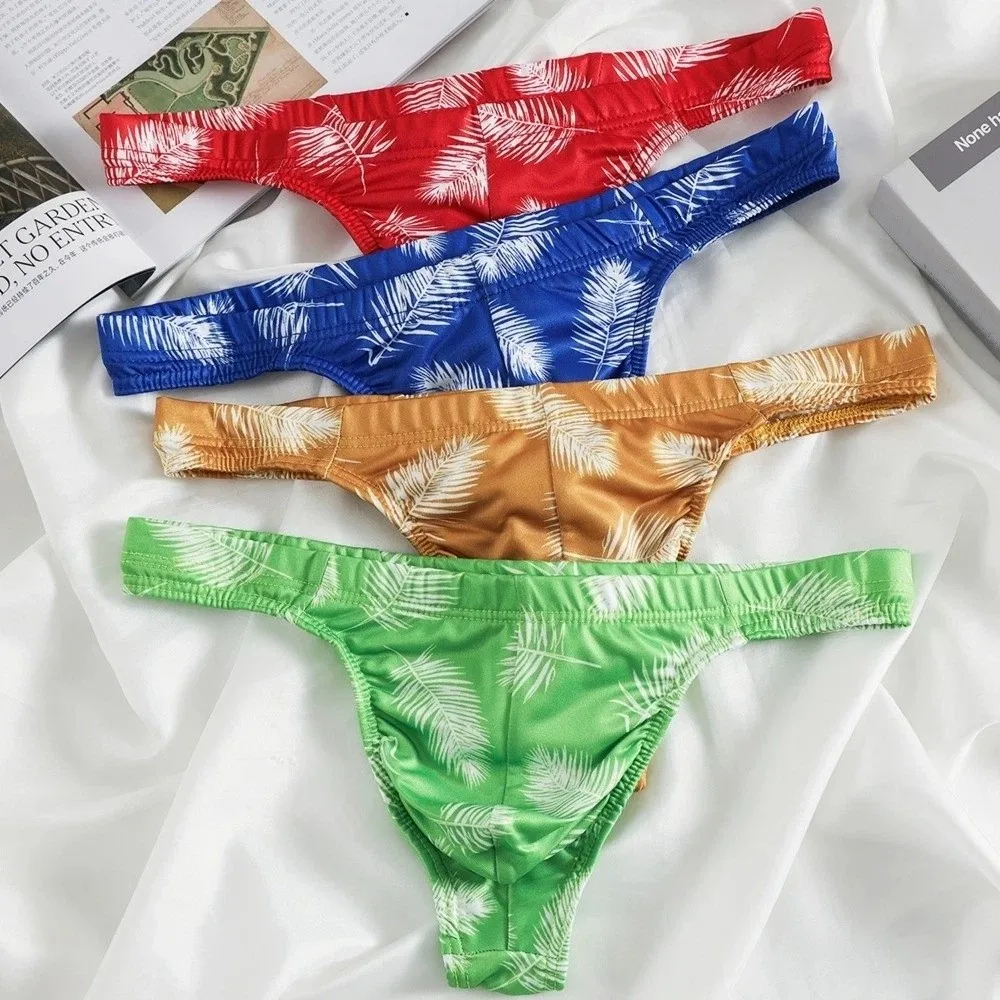 Fashion Ice Silk Men Thongs Seamless Low Waist T-back Briefs Feather Print Underwear Male