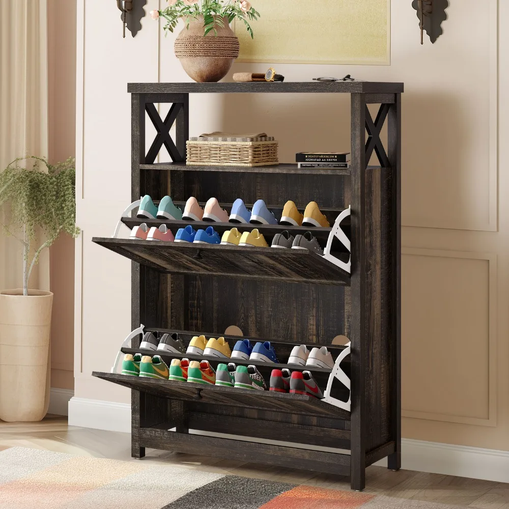 

31.5 Shoe Cabinet with 2 Flip Drawer with Open Shelves for Entryway, Living Room