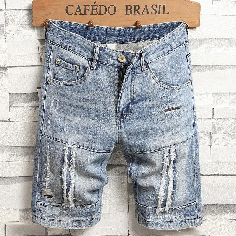 

Korean Jeans Luxury Clothing Trendy Summer Short Jeans Distressed Knee-length Denim Shorts for Men 2024 New Arrival Streetwear