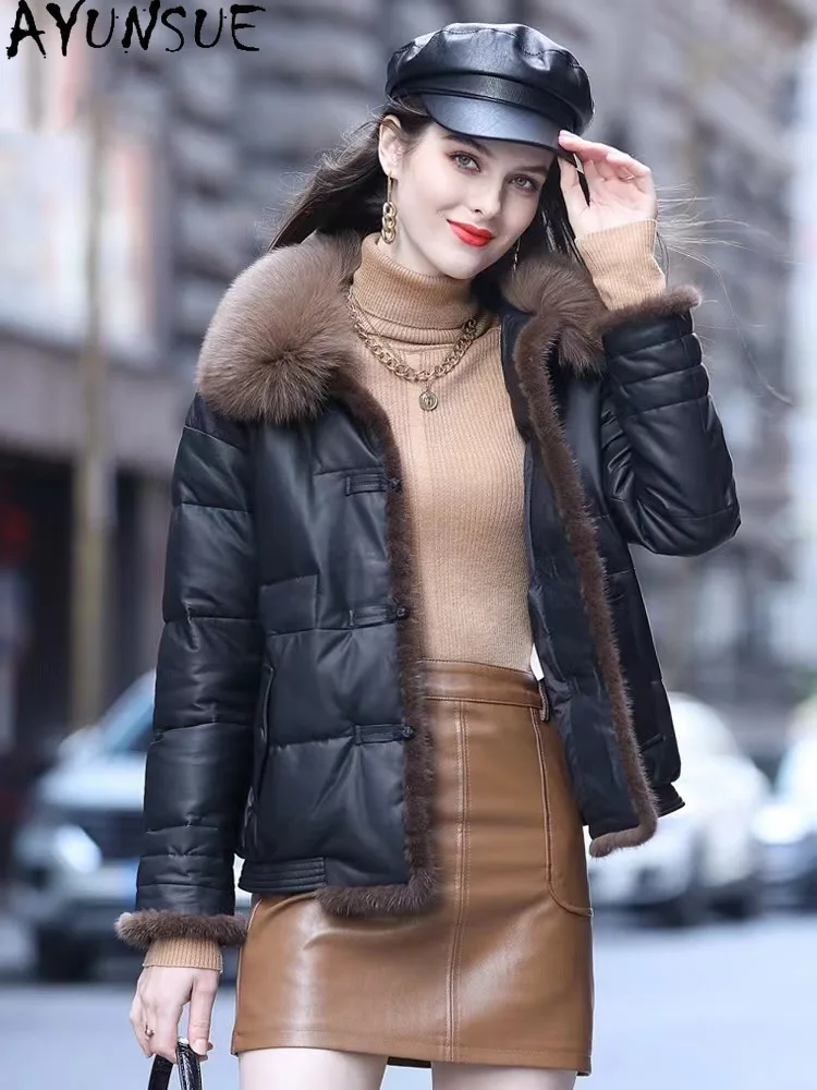 AYUNSUE Real Sheepskin Leather Down Jacket Women White Duck Down Coat Fox Fur Collar Fashion Ladies Winter Coats and Jackets