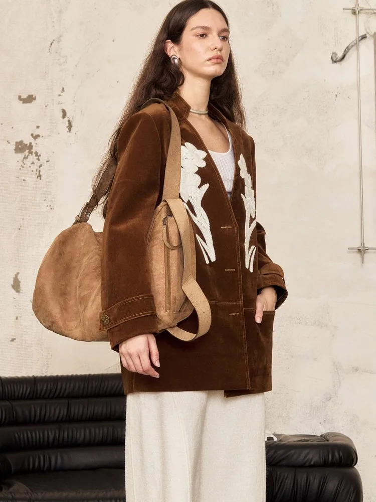 Designer Office Ladies V-Neck Blazers Women Retro Embroidery Flower Suit Jacket Single Breasted Straight Loose Coat Outerwear