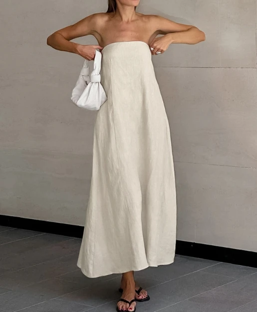 Women's Clothing 2024 Summer Vacation French Basic Casual Solid Color Bandeau Sleeveless High Waist Loose Fit Maxi Dress