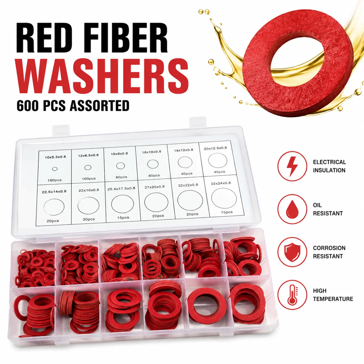 600 Pieces of M5.5/6.5/8/10/12/12.5/14/16/17.5/20/24 Red Steel Paper O-ring Repair Box for Household Machinery Maintenance