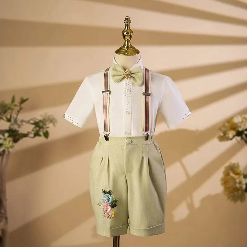 5-teiliges Set: Hellgrüne Weste mit Blumenstickerei für Jungen, Kinder-Hochzeitsanzug, Blumenjungen-Outfit, Geburtstags- und Laufsteg-Kostüm, formelles Party-Outfit A4468 – Detail 4