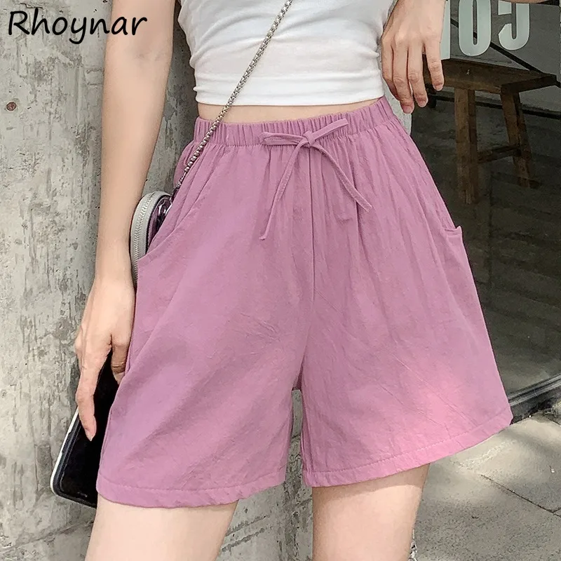 

Solid Elastic Waist Shorts Women A-line Baggy Leisure Simple All-match Daily Cotton Linen Thin Cozy Ulzzang College Spring Chic