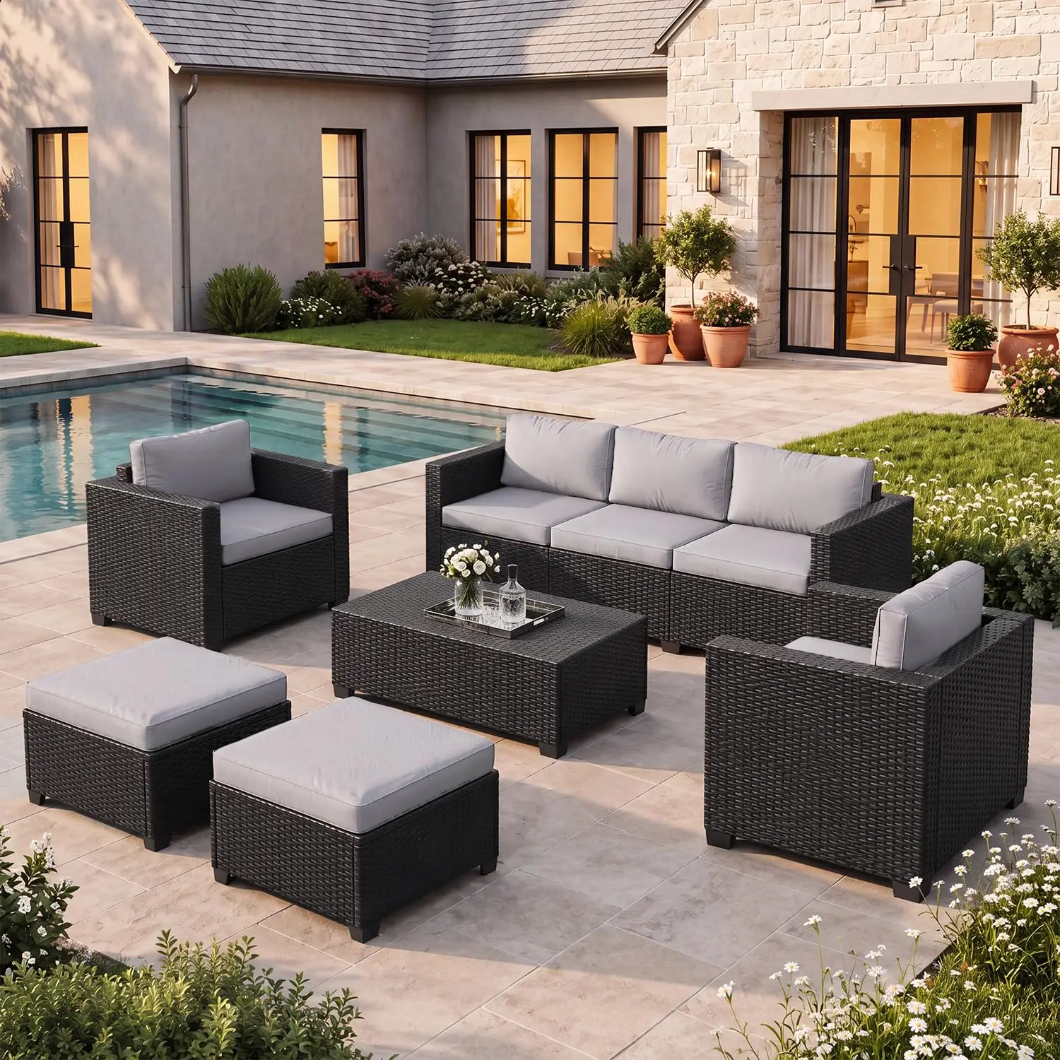 6-Piece Outdoor Patio Sofa Set With Cushions For Garden & Balcony, Grey, Customized