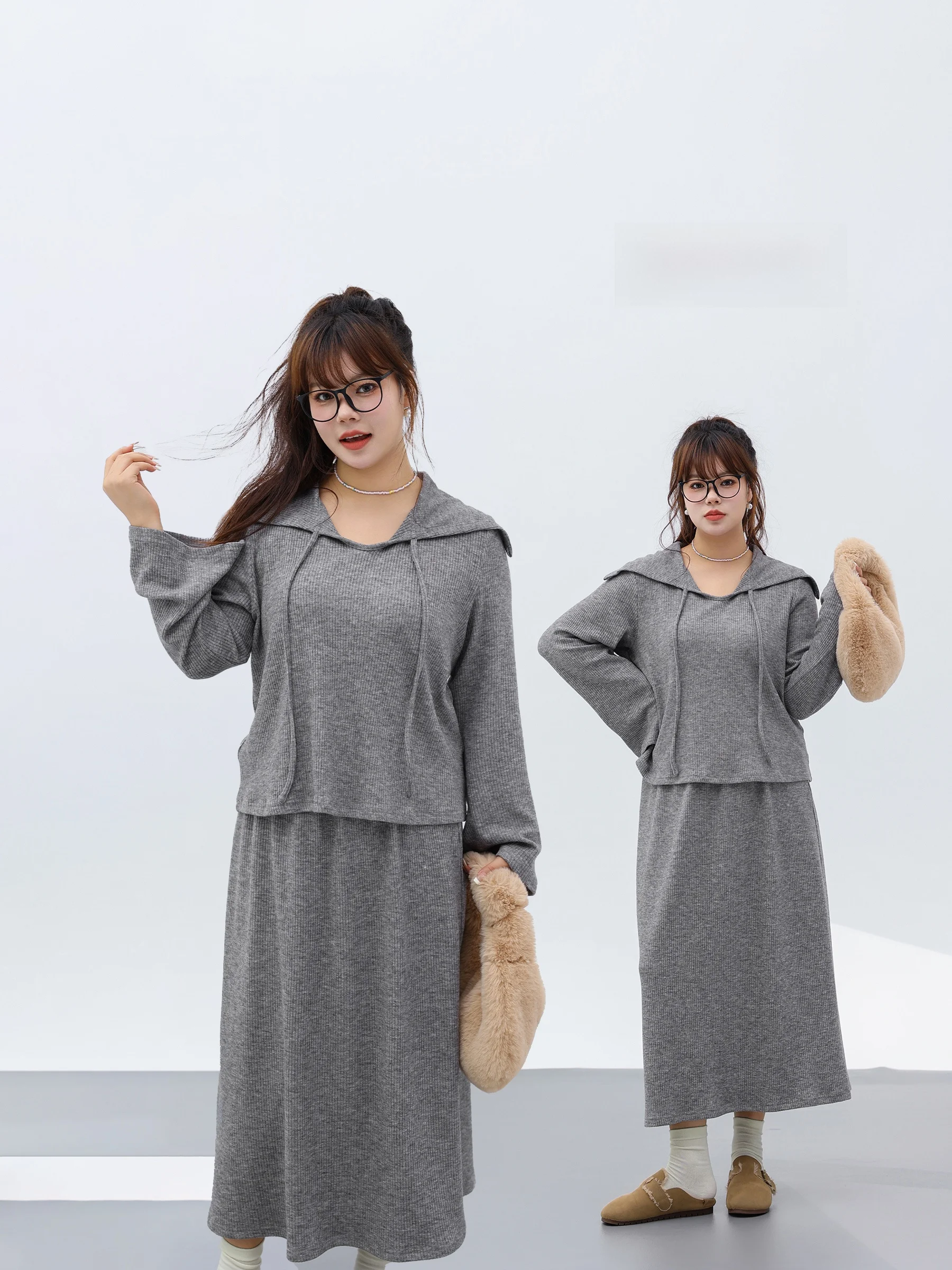 

Warm Knitted Hat DM00 plus Size Faion Set A-Line Skirt Ensemble Winter Collection All-Match Versatile Ladies' Wear