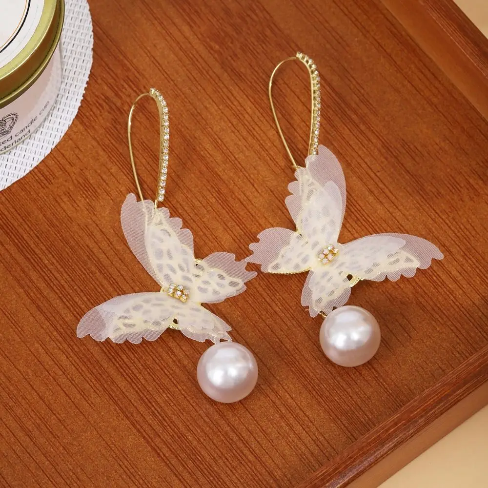 Super Immortal Fabric Mesh Butterfly Ear Buckle Gentle Simple Ear Ornament Sense of Advanced Versatile Butterfly Pearl Earrings