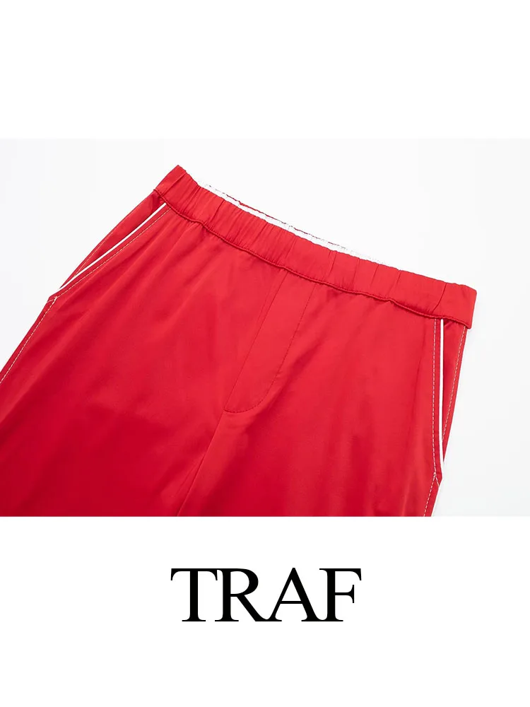 Imagem -04 - Traf-calças Femininas Vintage Chiques Vermelhas de Cintura Alta Calça Solta com Cordão Moda Casual Primavera Streetwear de Bolso Monocromática 2024