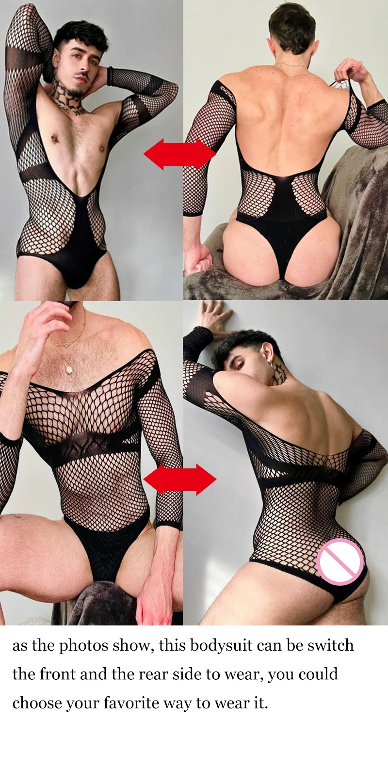 CLEVER-MENMODE Men Bodysuit Mesh Erotic Underwear Sexy Hollow Long Sleeve Transparent One-piece Thong Performance Costumes