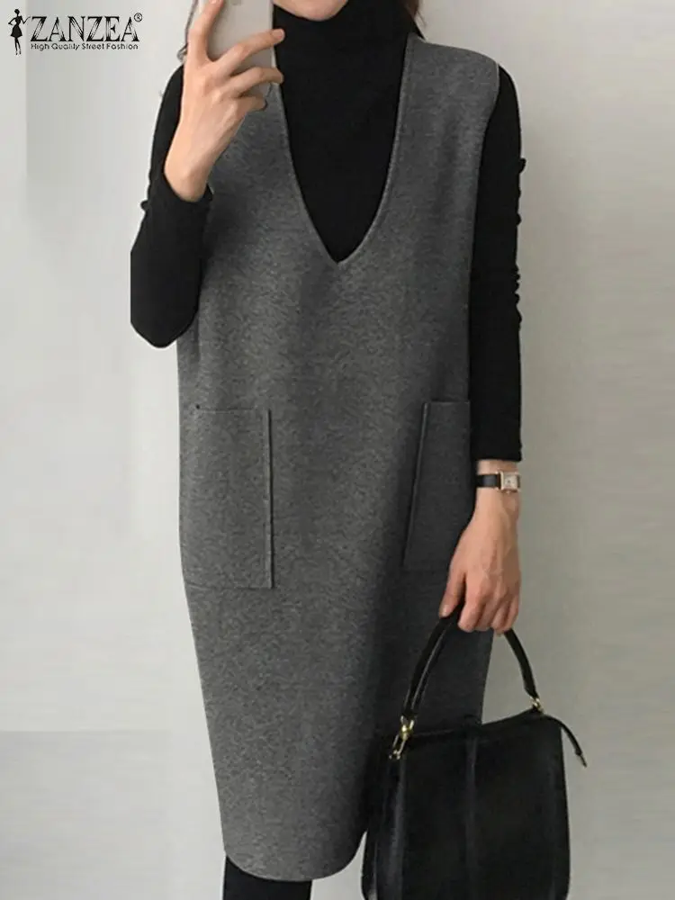 ZANZEA Winter Solid Dress Vintage Women Corduroy Dress Casual Loose Sleeveless Apron Dress Holiday Sleeveless Oversize Robe