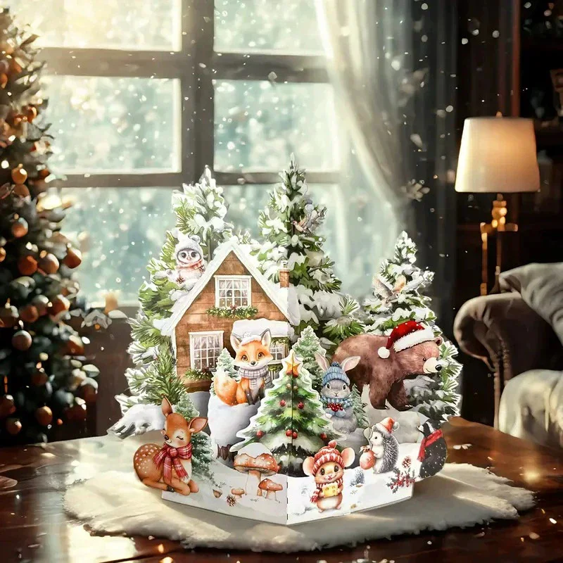 3D Christmas Card Night Before Christmas Scene With Santa, Reindeer, Snowy Village Festive Holiday Greeting Card