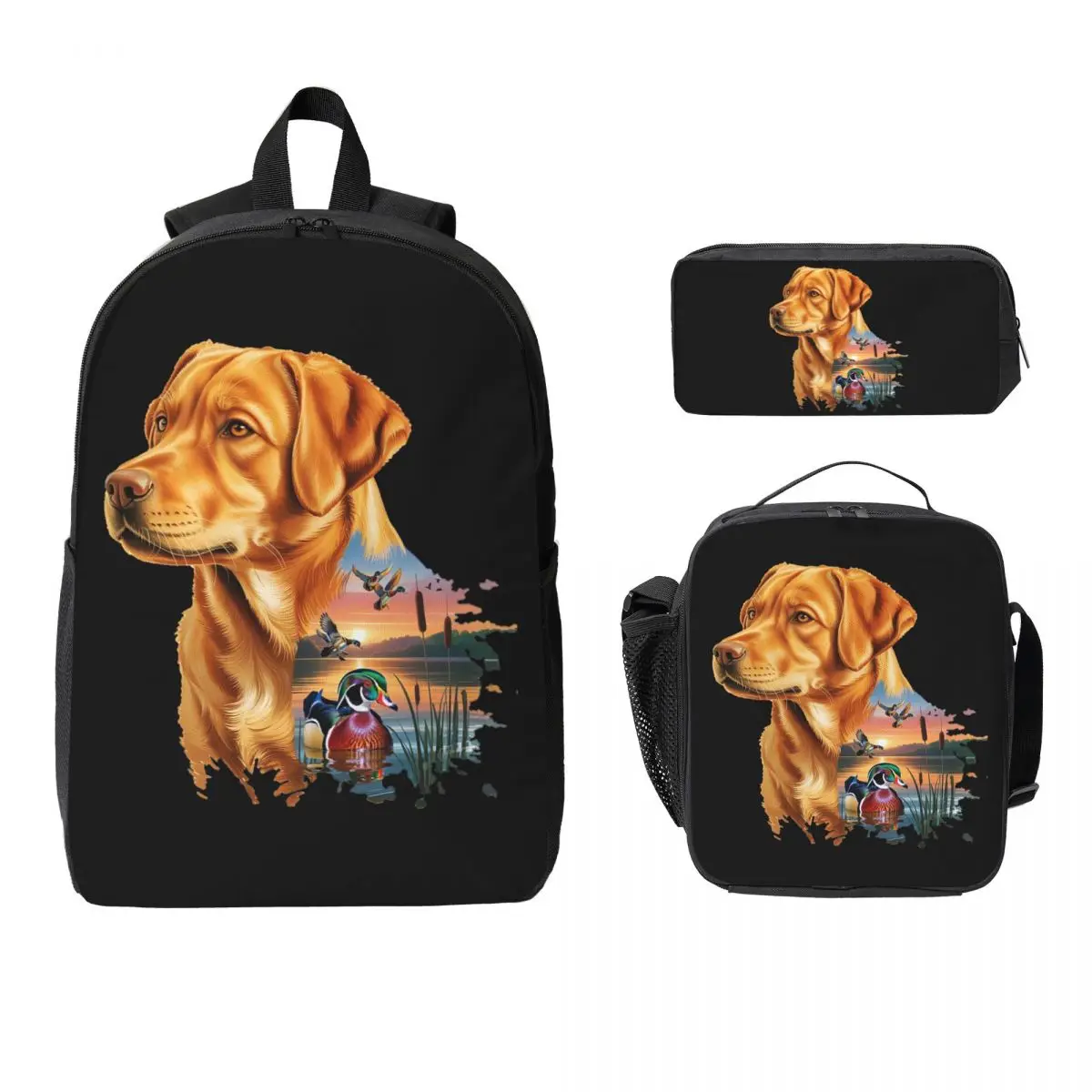 Fox Red Labrador And Wood Duck Sunrise Backpack BookBag School Bag Laptop Shoulder Bags 3ps Insulated Lunch Bag Pencil Case
