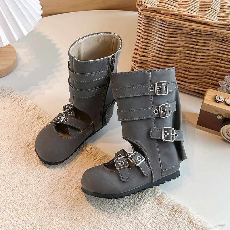 Girls Motorcycle Leather Boots 2026 New Autumn Toddler Cut-outs Multi-Buckle Ankle Boots Non-slip Kids Retro Punk Roman Boots